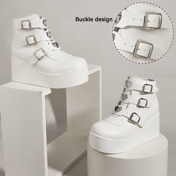 🆕 LUCKY STEP White PU Chunky Platform Ankle Boots Zip Buckle Goth Booties - Picture 2 of 7